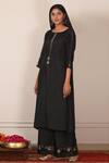 Pouli Pret_Black Viscose Silk Habutai Boat Embroidered Kurta Set _Online_at_Aza_Fashions