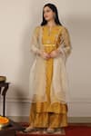 Pouli Pret_Yellow Mercerised Cotton Chanderi Notched Embroidered Kurta Set _Online_at_Aza_Fashions