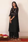 Pouli Pret_Black Mercerised Cotton Chanderi Notched Embroidered Kurta Set _Online_at_Aza_Fashions