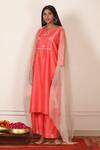 Buy_Pouli Pret_Peach Mercerised Cotton Chanderi Notched Embroidered Kurta Set _at_Aza_Fashions