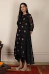 Buy_Pouli Pret_Black Mercerised Cotton Chanderi, Silk Muslin Embroidered Kurta And Dhoti Pant Set _at_Aza_Fashions