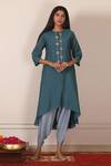 Buy_Pouli Pret_Blue Mercerised Cotton Chanderi Embroidered Kurta And Dhoti Pant Set _at_Aza_Fashions