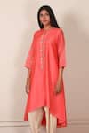 Pouli Pret_Peach Mercerised Cotton Chanderi, Silk Muslin Embroidered Kurta And Dhoti Pant Set _Online_at_Aza_Fashions