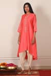 Buy_Pouli Pret_Peach Mercerised Cotton Chanderi, Silk Muslin Embroidered Kurta And Dhoti Pant Set _at_Aza_Fashions