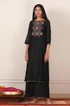 Pouli Pret_Black Mercerised Cotton Chanderi Straight Embroidered Kurta Set _Online_at_Aza_Fashions