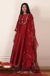 Pouli Pret_Maroon Silk Chanderi Round Embroidered Anarkali Set _Online_at_Aza_Fashions