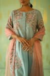 Shop_Pouli Pret_Blue Chanderi, Silk Organza, Lining Cotton Thread Floral Embroidered Kurta Set _Online_at_Aza_Fashions