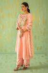 Pouli Pret_Coral Silk Modal Floral Embroidered Kurta Set_Online_at_Aza_Fashions