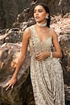 Nandita Thirani_Beige Lycra And Tulle Embroidery Retro Pre-draped Saree With Corset  _Online_at_Aza_Fashions