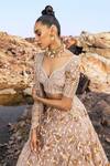 Nandita Thirani_Beige Organza, Georgette, Tulle Embroidery Asymmetric Floral Bridal Lehenga Set _Online_at_Aza_Fashions
