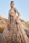 Buy_Nandita Thirani_Beige Organza, Georgette, Tulle Embroidery Asymmetric Floral Bridal Lehenga Set _Online_at_Aza_Fashions