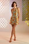 Pankaj & Nidhi_Blue Satin Twill Abstract Print V Neck Naranjos Structured Mini Dress_Online_at_Aza_Fashions