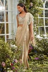 Buy_Rococo_Beige Georgette Embroidered Thread Work V Natalia Pre-draped Saree With Blouse _at_Aza_Fashions