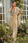 Rococo_Beige Georgette Embroidered Thread Work V Natalia Pre-draped Saree With Blouse _Online_at_Aza_Fashions