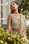 Buy_Rococo_Beige Georgette Embroidered Thread Work V Natalia Pre-draped Saree With Blouse _Online_at_Aza_Fashions