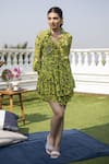 Buy_Mehak Murpana_Green Crepe Zigzag Shirt Collar Ruffle Printed Dress _at_Aza_Fashions