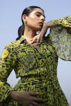 Buy_Mehak Murpana_Green Crepe Zigzag Shirt Collar Ruffle Printed Dress _Online_at_Aza_Fashions