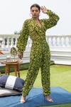 Buy_Mehak Murpana_Green Crepe Printed Zigzag Notched Lapel Cropped Jacket And Pant Set _at_Aza_Fashions