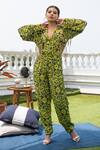 Shop_Mehak Murpana_Green Crepe Printed Zigzag Notched Lapel Cropped Jacket And Pant Set _at_Aza_Fashions