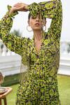 Mehak Murpana_Green Crepe Printed Zigzag Notched Lapel Cropped Jacket And Pant Set _Online_at_Aza_Fashions