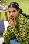 Buy_Mehak Murpana_Green Crepe Printed Zigzag Notched Lapel Cropped Jacket And Pant Set _Online_at_Aza_Fashions