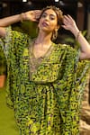 Shop_Mehak Murpana_Green Crepe Printed Zigzag V Neck Kaftan Top And Sharara Set _at_Aza_Fashions