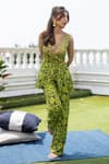 Buy_Mehak Murpana_Green Crepe Printed Zigzag V Neck Draped Jumpsuit _at_Aza_Fashions