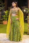 Shop_Mehak Murpana_Green Crepe Printed Zigzag Square Neck Embroidered Cape And Sharara Set _at_Aza_Fashions
