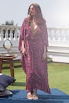 Shop_Mehak Murpana_Pink Crepe Printed Zigzag V Neck Tie Up Kaftan _at_Aza_Fashions