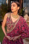 Shop_Mehak Murpana_Pink Crepe Printed Zigzag Blouse V-neck One Shoulder Cape And Lehenga Set _at_Aza_Fashions