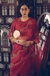 Sarang Kaur_Red Organza, Silk Sequins, Beads Hand Embroidered Scallop Saree _Online_at_Aza_Fashions
