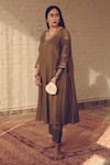 Sarang Kaur_Green Chanderi Silk Sequins, Beads V-neck Flared Kurta With Pant _Online_at_Aza_Fashions
