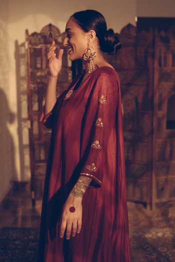 Sarang Kaur_Maroon Chanderi Silk Sequins, Beads V-neck Kurta And Pant Set _Online_at_Aza_Fashions