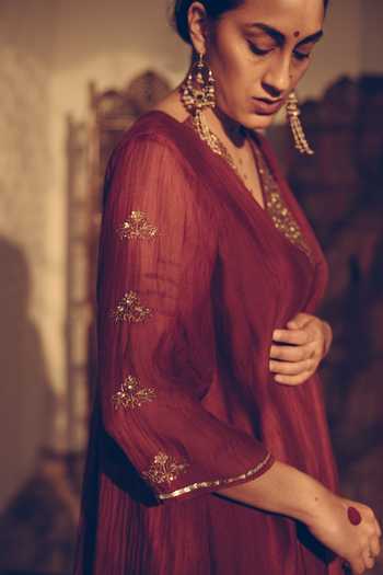 Shop_Sarang Kaur_Maroon Chanderi Silk Sequins, Beads V-neck Kurta And Pant Set _Online_at_Aza_Fashions