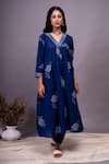 Buy_Tashee_Blue Cotton Floral Block Prints V Neck Gathered Kurta And Pant Set_at_Aza_Fashions