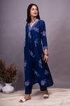 Buy_Tashee_Blue Cotton Floral Block Prints V Neck Gathered Kurta And Pant Set_Online_at_Aza_Fashions