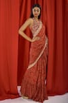 Shop_Label Ne'chi_Red Muslin Silk Printed Floral U Neck Saree With Blouse _at_Aza_Fashions