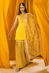 Shop_Label Ne'chi_Yellow Muslin Silk Printed Floral Round Embroidered Kurta Sharara Set  _at_Aza_Fashions