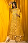 Buy_Label Ne'chi_Yellow Muslin Silk Printed Floral Round Kurta Set  _at_Aza_Fashions