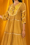Shop_Label Ne'chi_Yellow Muslin Silk Printed Floral Round Tiered Anarkali Set _at_Aza_Fashions