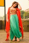 Buy_Nitara Dhanraj Label_Green Raw Silk, Organza, Satin Thread Work, Coin Embroidered Cape Cowl Skirt Set _at_Aza_Fashions