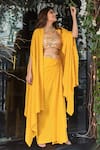 Nitara Dhanraj Label_Yellow Raw Silk Embroidered Mirror Work Sweetheart Neck Cape Lehenga Set _Online_at_Aza_Fashions