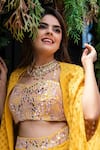 Shop_Nitara Dhanraj Label_Yellow Raw Silk Embroidered Mirror Work Sweetheart Neck Cape Lehenga Set _Online_at_Aza_Fashions