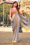 Buy_Nitara Dhanraj Label_Grey Raw Silk, Georgette Thread Work, Coin Tassel V Pre-draped Saree With Blouse _at_Aza_Fashions