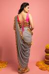 Shop_Nitara Dhanraj Label_Grey Raw Silk, Georgette Thread Work, Coin Tassel V Pre-draped Saree With Blouse _at_Aza_Fashions