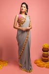 Nitara Dhanraj Label_Grey Raw Silk, Georgette Thread Work, Coin Tassel V Pre-draped Saree With Blouse _Online_at_Aza_Fashions
