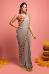 Buy_Nitara Dhanraj Label_Grey Raw Silk, Georgette Thread Work, Coin Tassel V Pre-draped Saree With Blouse _Online_at_Aza_Fashions