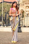 Shop_Nitara Dhanraj Label_Grey Raw Silk, Georgette Thread Work, Coin Tassel V Pre-draped Saree With Blouse _Online_at_Aza_Fashions