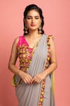 Nitara Dhanraj Label_Grey Raw Silk, Georgette Thread Work, Coin Tassel V Pre-draped Saree With Blouse _at_Aza_Fashions