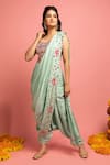 Nitara Dhanraj Label_Green Raw Silk Embroidered Mirror Work Pre-draped Saree With Blouse _Online_at_Aza_Fashions